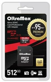 Карта памяти MicroSDXC 512GB OltraMax OM512GCSDXC10UHS-1-PrU3 Class 10 Premium UHS-I U3 (95 Mb/s) + SD адаптер