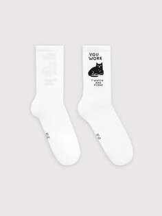 Высокие белые носки унисекс с изображением кота и надписью на английском Mark Formelle