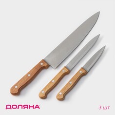 Набор кухонных ножей доляна wооd, набор 3 шт, лезвие: 8 см, 12 см, 19,5 см, ручка деревянная