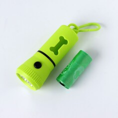 Контейнер с фонариком, пакеты для уборки за собаками (рулон 15 шт), зеленый Пушистое счастье