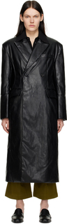 Черное двубортное пальто из искусственной кожи DRAE