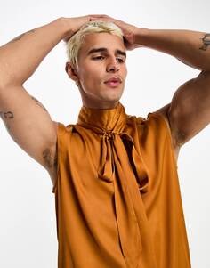 Атласная рубашка бронзового цвета без рукавов с завязками на шее ASOS DESIGN