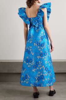GANNI Платье макси из переработанного материала с эффектом металлик и оборками, синий