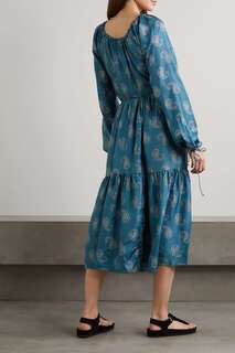 HANNAH ARTWEAR + NET SUSTAIN Ярусное платье миди Zoey с принтом пейсли и завязками из шелка и хаботай, синий