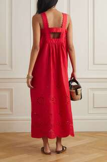 OROTON Платье макси из льна с вышивкой бродери англез и вырезами, красный
