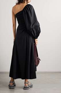 ULLA JOHNSON платье миди Fiorella на одно плечо со сборками из хлопкового поплина, черный