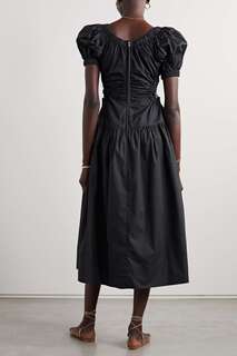 ULLA JOHNSON платье миди Golda со сборками из хлопкового поплина и вырезами, черный