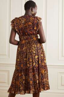 ULLA JOHNSON Платье миди из смесового хлопка и шифона с оборками и принтом Samara, коричневый