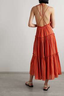 ULLA JOHNSON ярусное платье миди Giulietta из хлопка с открытой спиной в полоску, красный