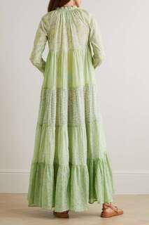 YVONNE S + NET SUSTAIN Ярусное платье макси в стиле хиппи с принтом из хлопка и вуали, зеленый