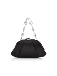 Атласный клатч на цепочке, украшенный драгоценными камнями Judith Leiber Couture, черный