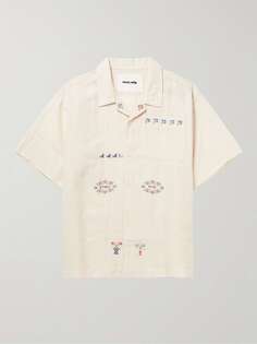 Рубашка с воротником-стойкой и вышивкой из смеси хлопка и льна STORY MFG., белый
