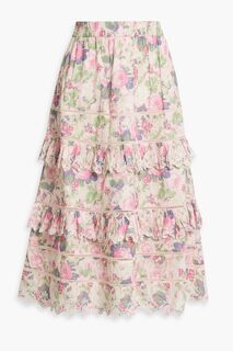 Ярусная юбка миди Naila из английской бродери с цветочным принтом LOVESHACKFANCY, розовый