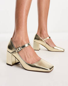 Золотистые туфли на среднем каблуке ASOS DESIGN Selene Mary Jane