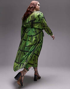 Зеленое платье миди с платочным подолом и присборенной талией Topshop Curve