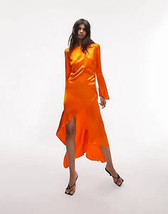 Оранжевое атласное платье миди асимметричного кроя с разрезом Topshop