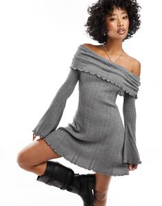 Платье мини Asos Design Ruched Slash Neck Cold Shoulder Cable Knit, серый
