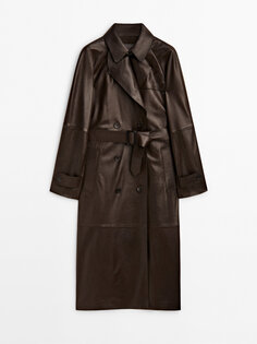 Тренч пальто из кожи наппа с поясом Massimo Dutti, коричневый