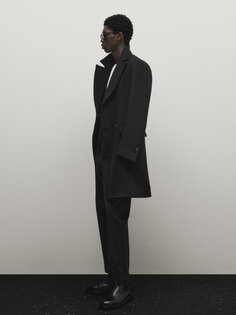 Черное полушерстяное двубортное пальто Massimo Dutti, черный