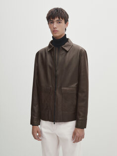 Куртка-бомбер из кожи наппа Massimo Dutti, темно-коричневый