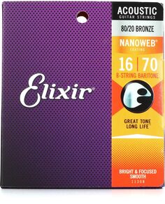 Elixir Strings 11308 Nanoweb 80/20 Бронзовые струны для акустической баритоновой гитары — .016-.070, 8-струнная