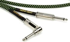 Ernie Ball P06077 Плетеный инструментальный кабель с прямым и прямым углом — 10 футов, черный/зеленый