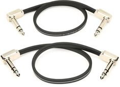 Ernie Ball P06405 Плоский ленточный стереофонический соединительный кабель с прямым и прямым углом — 12 дюймов, черный (2 шт.)