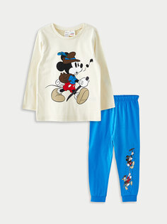 Пижамный комплект для маленьких мальчиков с круглым вырезом и длинными рукавами с принтом Микки Мауса LCW baby, кремового цвета