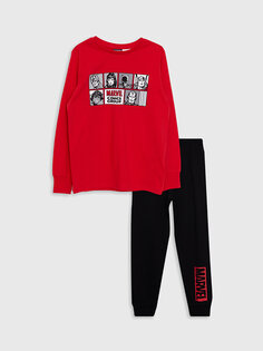 Пижамный комплект для мальчика с длинными рукавами и круглым вырезом с принтом Marvel LCW Kids, яркий красный
