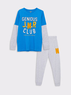 Пижамный комплект для мальчика с круглым вырезом и длинными рукавами с принтом LCW Kids, синий