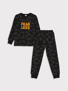 Пижамный комплект для мальчика с круглым вырезом и длинными рукавами с принтом LCW Kids, черный с принтом