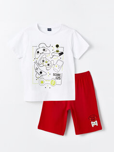 Пижамный комплект с короткими рукавами и шортами для мальчика с круглым вырезом и принтом LCW ECO