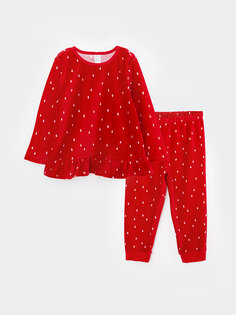 Пижамный комплект с круглым вырезом и длинными рукавами в новогоднем стиле для маленьких девочек LCW baby, красный печатный