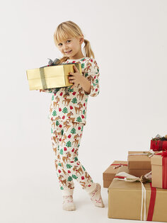 Пижамный комплект с круглым вырезом и длинными рукавами в новогоднем стиле для маленьких девочек LCW baby, экрю с принтом