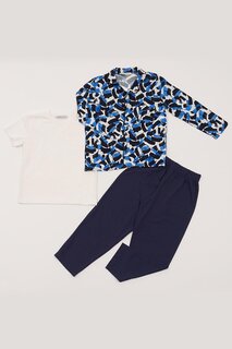 Пижамный комплект темно-синего цвета из трех предметов: футболка и брюки темно-синего цвета For You Kids