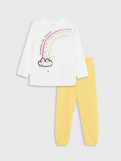 Хлопковый пижамный комплект для маленьких девочек с круглым вырезом и длинными рукавами с принтом LCW baby, экрю