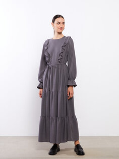 Прямое женское платье с круглым вырезом и длинными рукавами LCW Modest, темно-серый