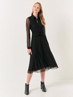 Черное стильное сетчатое платье миди с воротником-поло и длинными рукавами Jimmy Key