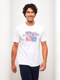 Мужская футболка из чесаного хлопка с круглым вырезом и коротким рукавом с принтом LCWAIKIKI Classic, буксе белый