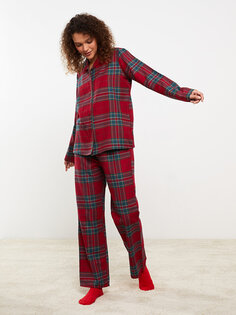 Женский пижамный комплект с длинным рукавом и воротником рубашки на новогоднюю тематику LCW DREAM, красный плед