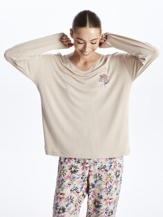 Женский пижамный комплект с длинными рукавами и V-образным вырезом с цветочным принтом LCW DREAM