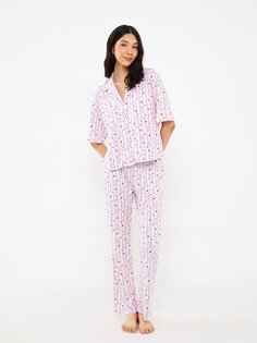 Женский пижамный комплект с короткими рукавами и воротником рубашки с принтом LCW DREAM, экрю с принтом