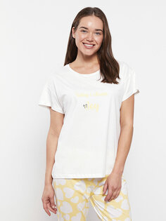 Женский пижамный комплект с короткими рукавами и круглым вырезом с принтом LCW DREAM, желтый с принтом