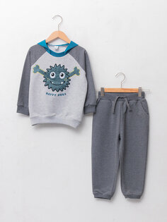 Комплект из 2 предметов: толстовка и штаны для мальчика с капюшоном и длинными рукавами с принтом LCW baby, серый меланж
