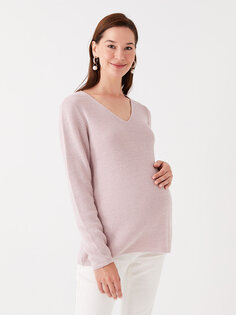 Однотонный трикотажный свитер для беременных с V-образным вырезом и длинными рукавами LCWAIKIKI Maternity, матовый сиреневый