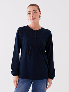 Женская блузка с длинным рукавом с круглым вырезом и вышивкой LCW Grace, темно-синий