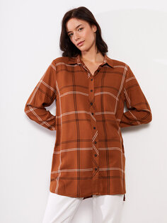 Женская вискозная рубашка-туника в клетку с длинными рукавами LCWAIKIKI Classic, коричневый плед