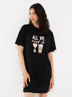 Женская ночная рубашка с коротким рукавом и круглым вырезом с принтом LCW DREAM, новый черный