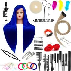 Комплект тренировочных голов Iza 60 Blue, синтетические волосы + 80 аксессуаров + ручка, парикмахерская насадка для расчесывания, насадка для упражнений, Calissimo