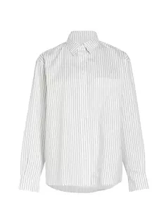 Рубашка оверсайз из хлопка в полоску с тикингом Anine Bing, цвет ivory blue monogram stripe